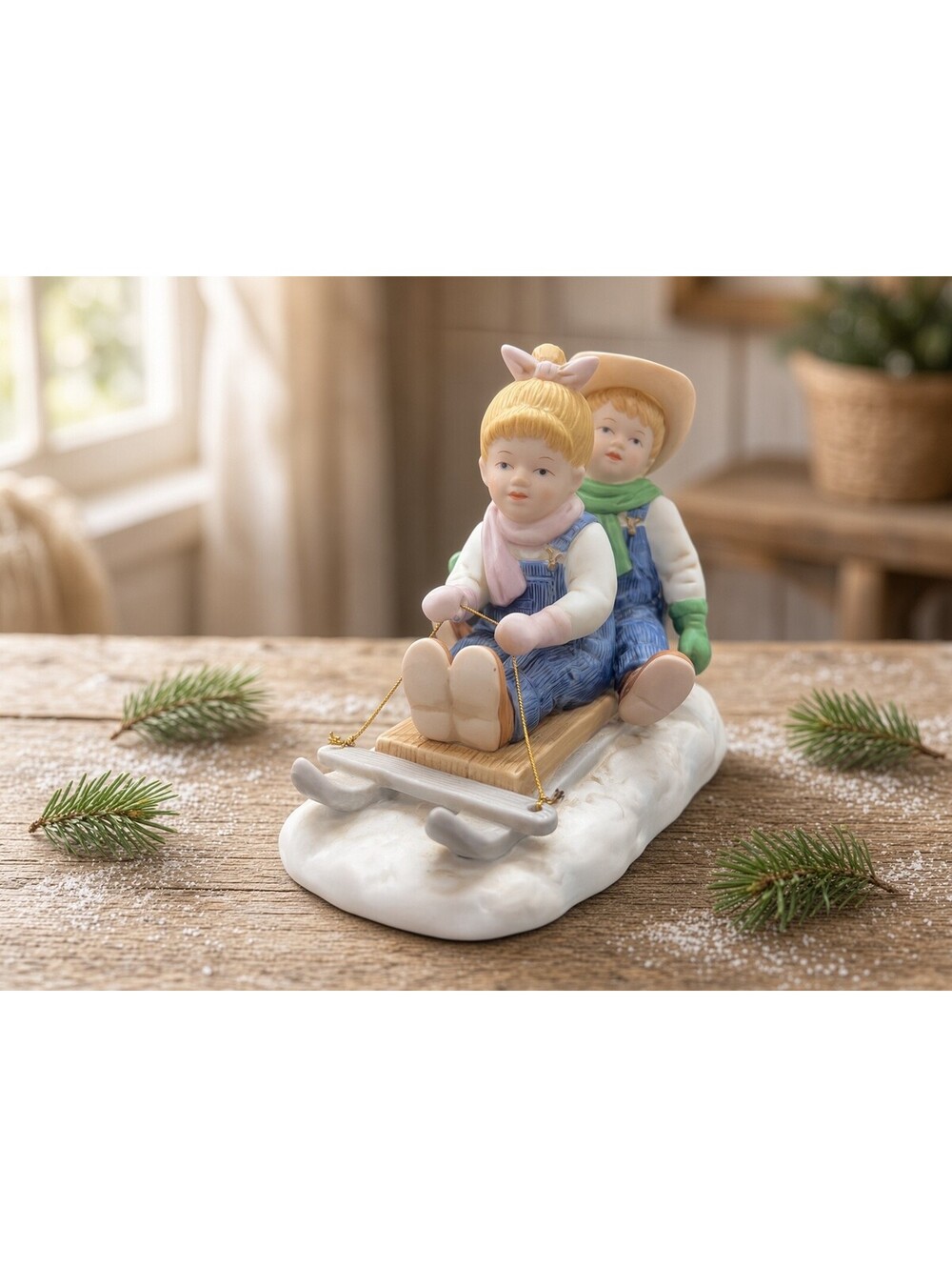 Vintage Homco Denim Days Winter Fun Figurine 1999 Debbie Danny Sled Porcelain